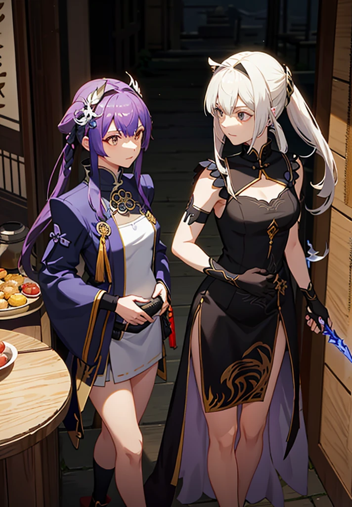 a woman in a dress holding a dagger and a dagger, video game character, from arknights, fox nobushi holding a dagger, hajime yatate, keqing from genshin impact, random haired deity, with small sword, ayaka genshin impact, female action anime girl, official character art, anime character, pregnant anime girl, fetus, random hair color