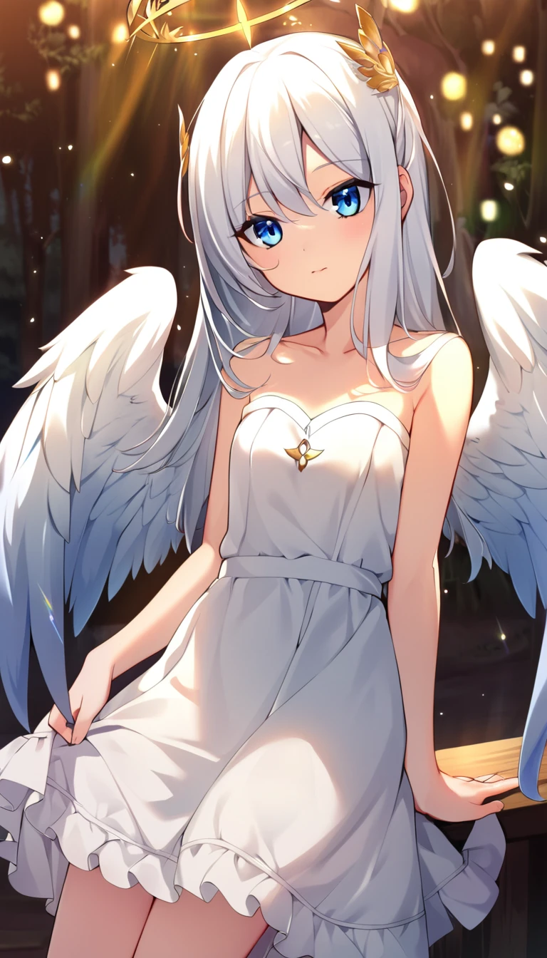 one girl, fallen angel, angel wing, angel ring, sacred, cute, naive, 15 years old, beautiful, light blue eyes, white dress, white hair