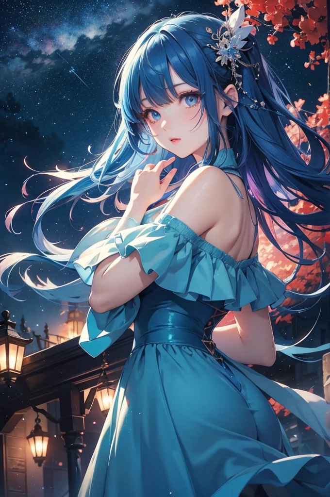 Ultra HD、A beautiful blue-haired character、Very large eyes like in an anime、Red burning cheeks、Night scene with starry sky background、Wearing a gorgeous dress、Subtle details、A fantastic atmosphere、Anime style