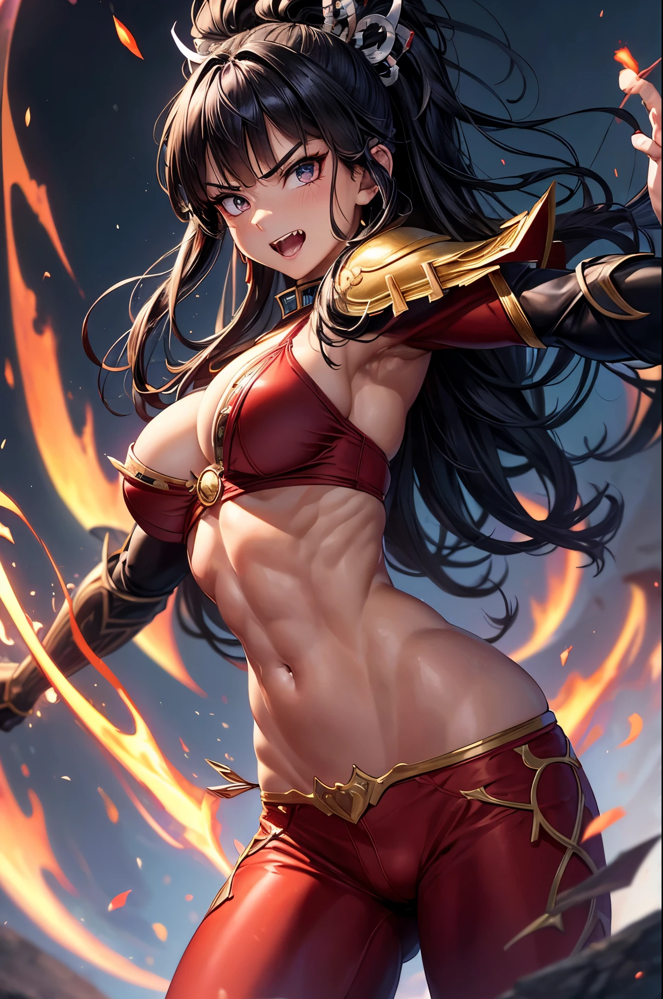 8k,Black light、Real Art、Slim and muscular macho manな女性、Super Beauty(Like the real thing)、Super strong muscles,iris、超High resolution、One Mature Woman、Light Brown Mohawk、Mature Demon Slayer: Kimetsu no Yaiba: Kimetsu no Yaiba: Kimetsu no Yaiba、anger,Sharp eyes,非常にVery large breasts、Glowing iris、Slim and muscular macho man、Toned, muscular lower body、Gorgeous red large chest armor、Luxury black and red pants、Gorgeous red shoulder pads,Detailed light、Dynamic Angle、Written boundary depth、(((((())))、Show me your fangs、(Super A)High resolution、Best image quality)、(8k、RAW Photos、Best image quality、masterpiece)、Technology Sense、Best image quality、masterpiece、Consciousness upward、CG、Sense of unity、wallpaper、Official Art,Very delicate and beautiful、Attention to detail、Attention to detail、Clear focus、Rich background、(Real People、image)、((High resolutionの肌))、A large flame burning red from the body(Tone flame effect)(There are many big flames)Fantasy art、Shoulder muscles Abdominal muscles、Arm Muscles,Ultra-Realistic Skin、Combat pose,Look at the viewers,Big Energy,Japanese,Dynamic action poses,Very large breasts,Super strong abdominal muscles,Super Muscular Beauty,Thick muscular arms,Very large chest with red breastplate,