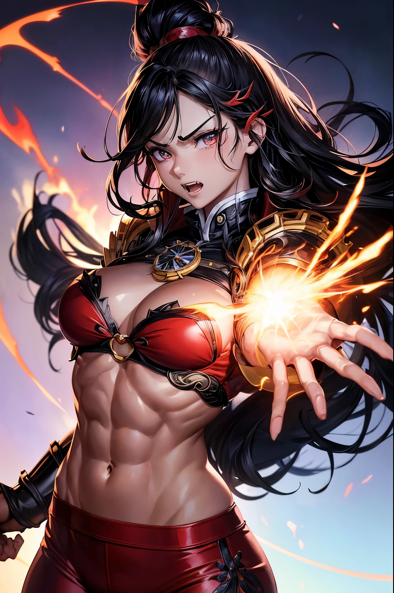 8k,Black light、Real Art、Slim and muscular macho manな女性、Super Beauty(Like the real thing)、Super strong muscles,iris、超High resolution、One Mature Woman、Light Brown Mohawk、Mature Demon Slayer: Kimetsu no Yaiba: Kimetsu no Yaiba: Kimetsu no Yaiba、anger,Sharp eyes,非常にVery large breasts、Glowing iris、Slim and muscular macho man、Toned, muscular lower body、Gorgeous red large chest armor、Luxury black and red pants、Gorgeous red shoulder pads,Detailed light、Dynamic Angle、Written boundary depth、(((((())))、Show me your fangs、(Super A)High resolution、Best image quality)、(8k、RAW Photos、Best image quality、masterpiece)、Technology Sense、Best image quality、masterpiece、Consciousness upward、CG、Sense of unity、wallpaper、Official Art,Very delicate and beautiful、Attention to detail、Attention to detail、Clear focus、Rich background、(Real People、image)、((High resolutionの肌))、A large flame burning red from the body(Tone flame effect)(There are many big flames)Fantasy art、Shoulder muscles Abdominal muscles、Arm Muscles,Ultra-Realistic Skin、Combat pose,Look at the viewers,Big Energy,Japanese,Dynamic action poses,Very large breasts,Super strong abdominal muscles,Super Muscular Beauty,Thick muscular arms,Very large chest with red breastplate,