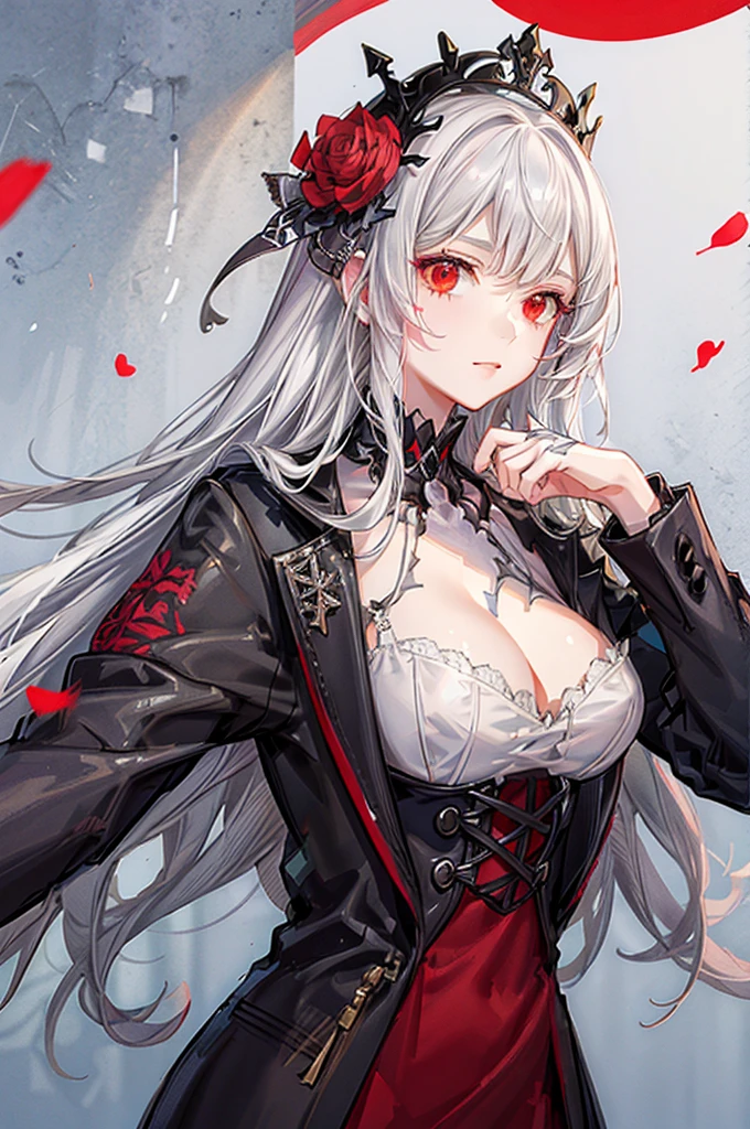 Anime girl, white hair, ((white skeleton)), red flower, illustration, 25 year old, bone, skull, ((bust-up)), red eyes,