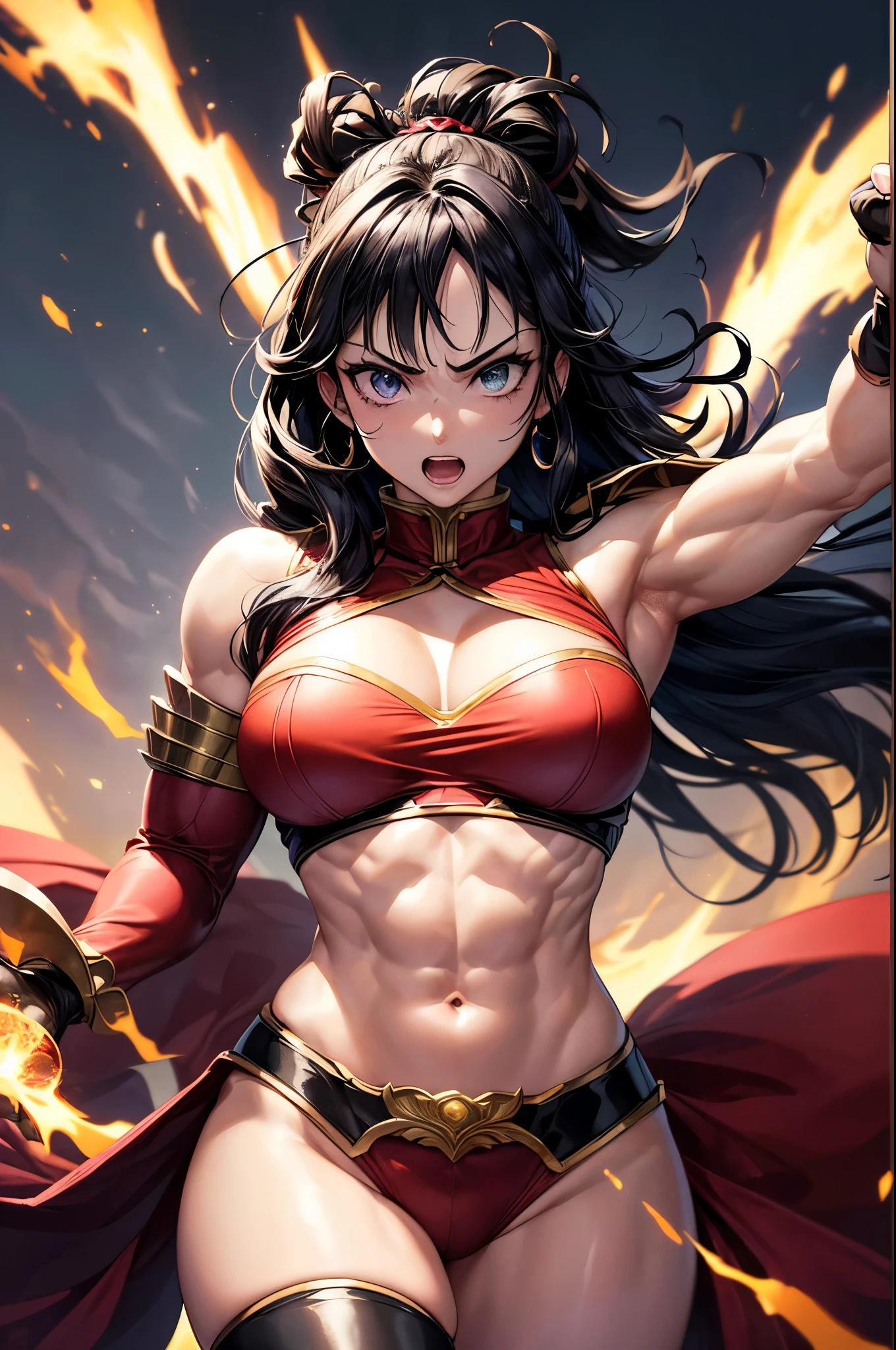 8k,Black light、Real Art、Slim and muscular macho manな女性、Super Beauty(Like the real thing)、Super strong muscles,iris、超High resolution、One Mature Woman、Light Brown Mohawk、Mature Demon Slayer: Kimetsu no Yaiba: Kimetsu no Yaiba: Kimetsu no Yaiba、anger,Sharp eyes,非常にVery large breasts、Glowing iris、Slim and muscular macho man、Toned, muscular lower body、Gorgeous red large chest armor、Luxury black and red pants、Gorgeous red shoulder pads,Detailed light、Dynamic Angle、Written boundary depth、(((((())))、Show me your fangs、(Super A)High resolution、Best image quality)、(8k、RAW Photos、Best image quality、masterpiece)、Technology Sense、Best image quality、masterpiece、Consciousness upward、CG、Sense of unity、wallpaper、Official Art,Very delicate and beautiful、Attention to detail、Attention to detail、Clear focus、Rich background、(Real People、image)、((High resolutionの肌))、A large flame burning red from the body(Tone flame effect)(There are many big flames)Fantasy art、Shoulder muscles Abdominal muscles、Arm Muscles,Ultra-Realistic Skin、Combat pose,Look at the viewers,Big Energy,Japanese,Dynamic action poses,Very large breasts,Super strong abdominal muscles,Super Muscular Beauty,Thick muscular arms,Very large chest with red breastplate,