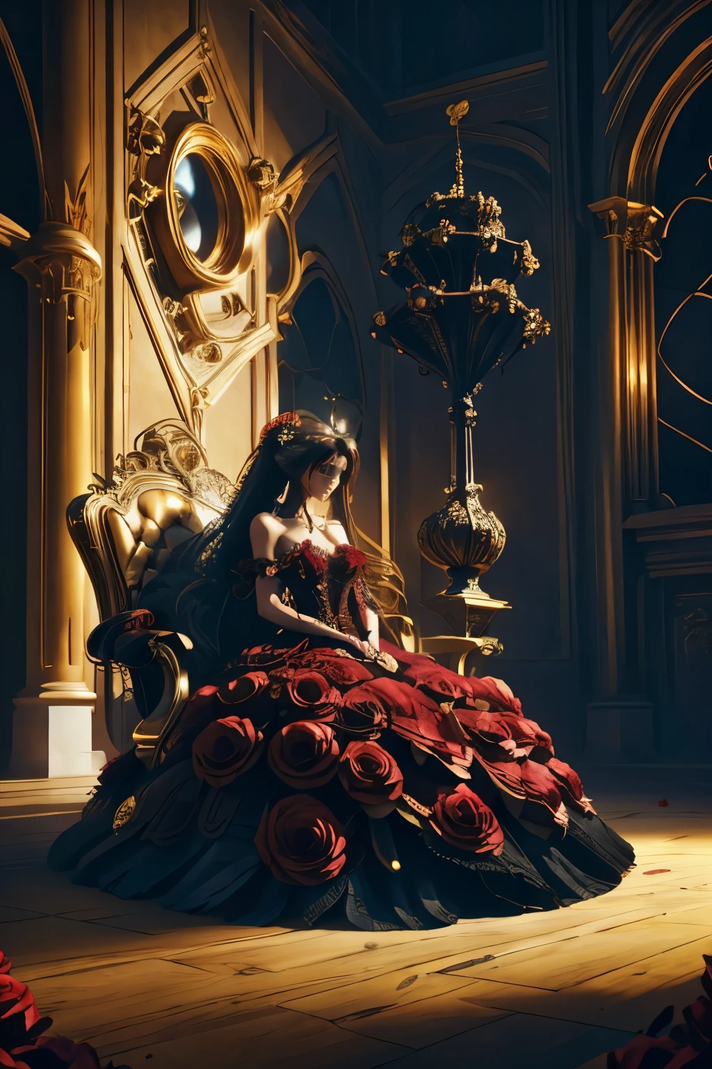 Big Demon,Sit on a luxurious chair in the center of the castle,Lean your body,Lean on your elbows and stare straight ahead,young woman,Long hair,Gold hair color,The tips of the hair are black,Put on lavish ornaments,The lion's horns are growing,sf