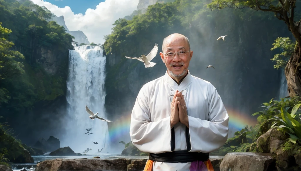 A middle-aged rather thin oriental man with a bald short beard puts his hands together，Showing goodbye，Eyes looking into the camera，Wearing a two-piece light-colored Chinese dress，Standing in the forest with waterfall，There are birds flying，There are white clouds in the blue sky，There is a rainbow above the waterfall，Beautiful and high-definition picture，The details are very clear，With depth of field