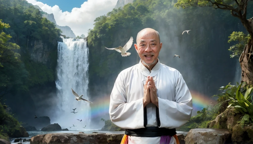 A middle-aged rather thin oriental man with a bald short beard puts his hands together，Showing goodbye，Eyes looking into the camera，Wearing a two-piece light-colored Chinese dress，Standing in the forest with waterfall，There are birds flying，There are white clouds in the blue sky，There is a rainbow above the waterfall，Beautiful and high-definition picture，The details are very clear，With depth of field