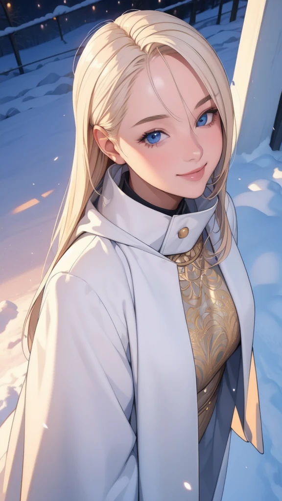 (masterpiece), (best quality), 1girl, (perfect face:1.2), (beautiful face:1.2), platinum blonde hair, (from above, upper body:1.3), happy, light smile, looking at viewer, pose,
winter coat, outdoors, winter, snow, night time, intricate, depth of field, cinematic lighting,