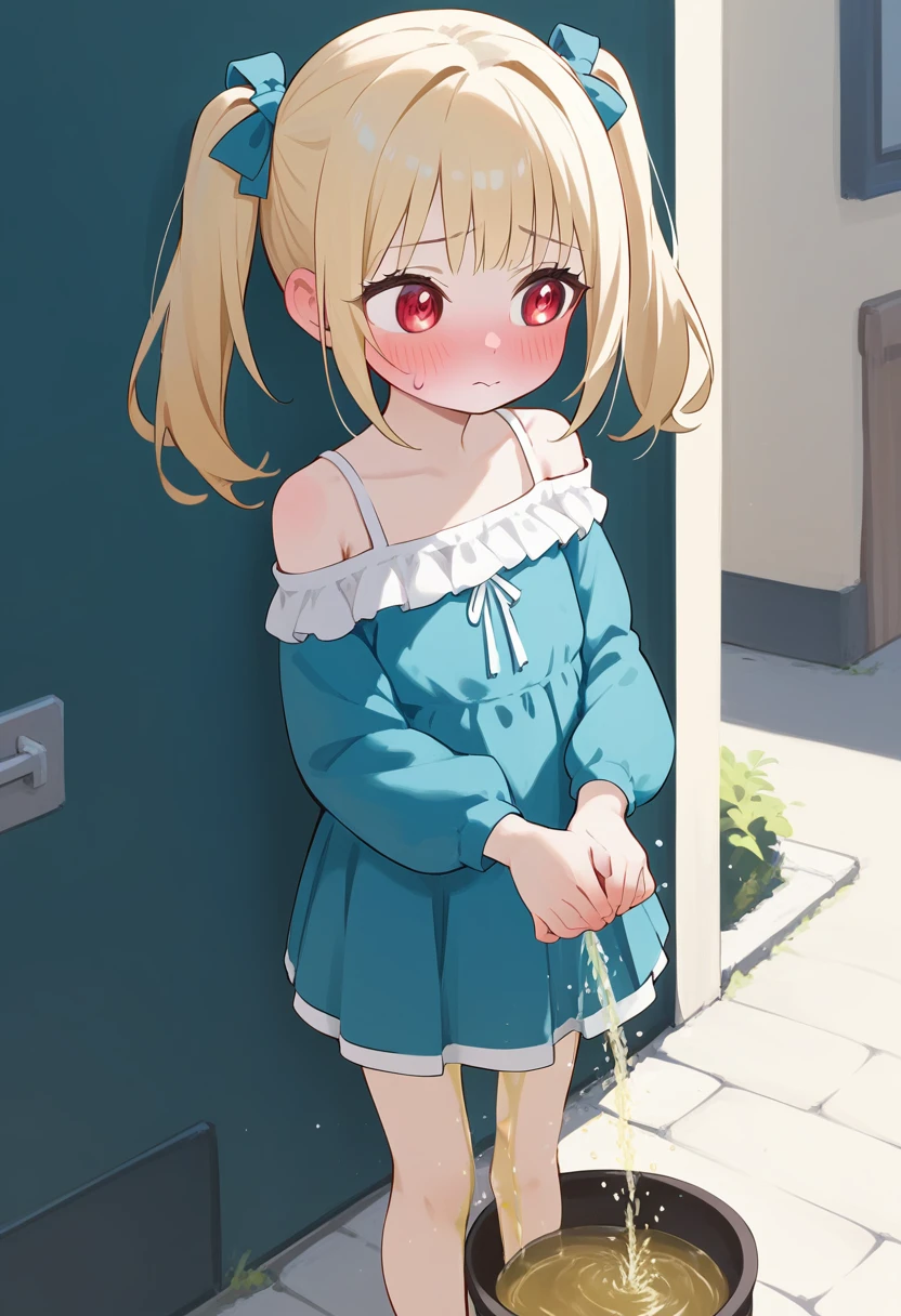 ((NSFW)),masutepiece, Best Quality, Insanely detailed, nffsw, 4K, 8K, hight resolution, A girl , , Shy, tearful, high twintails, Patsun bangs, a blond, Red Eyes, pale skin, Fair skin, , Mini skirt, off shoulder top, Cute face, Baby face, Delicate facial features, 10yaers old, cel anime, One girl is peeing, Looking away, Standing, embarrassed, blush, Keep one's mouth shut,In the street(girl is peeing self:1.3),Omorashi