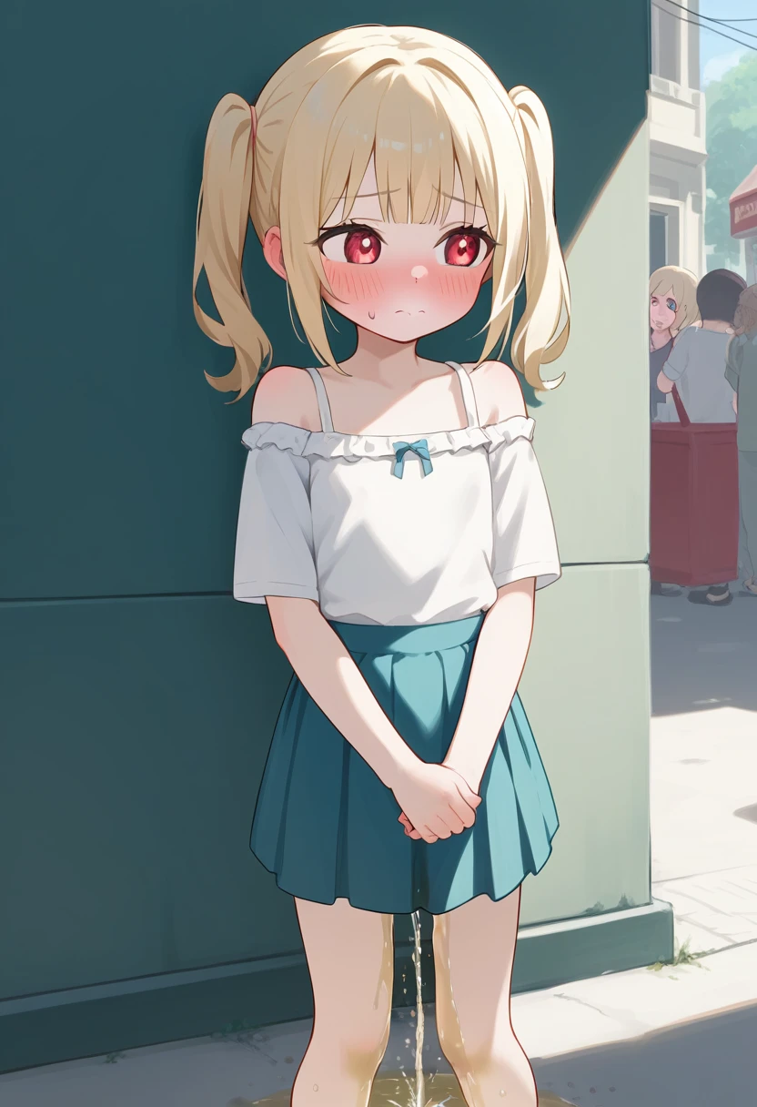 ((NSFW)),masutepiece, Best Quality, Insanely detailed, nffsw, 4K, 8K, hight resolution, A girl , , Shy, tearful, high twintails, Patsun bangs, a blond, Red Eyes, pale skin, Fair skin, , Mini skirt, off shoulder top, Cute face, Baby face, Delicate facial features, 10yaers old, cel anime, One girl is peeing, Looking away, Standing, embarrassed, blush, Keep one's mouth shut,In the street(girl is peeing self:1.3),Omorashi