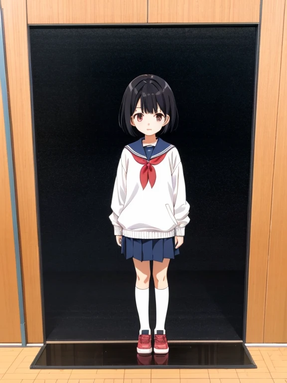 Hajime Ueda style girl Primary school students Young Girl 小さいgirl Height: 130cm Standing picture Simple design one piece Short hair Hair is black Red eyes