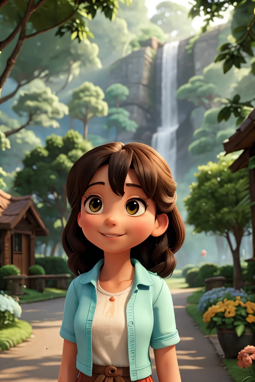 In a small, picturesque village surrounded by lush greenery and vibrant flowers, a young woman named Maya is known for her radiant smile and love for nature. Every day, she finds solace in the nearby forest, where a majestic rainbow appears whenever it rains, casting a magical glow over the landscape.