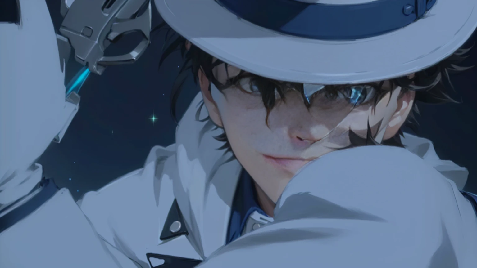 masterpiece, Highest quality, (Highly detailed CG Unity 8k wallpaper), (Highest quality), (Best illustrations), (Best Shadow), Absurd, Realistic lighting, (abyss), Beautiful sparkle,anime character with hat and tie holding a knife in his hand, Shinji, yukio - e, anime, 2D, 2 days, Gojo Satoru, yu - no, anime, anime masterpiece, [[[[smile wickedly]]]], Aniplex, yukito kishiro, jotaro kujo