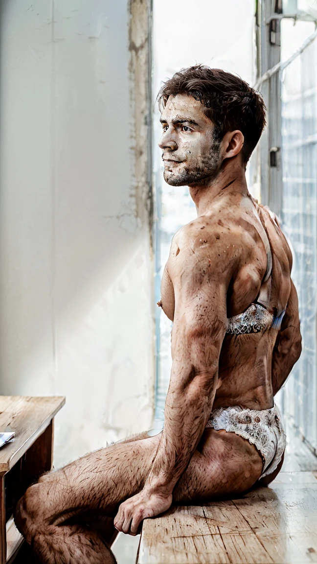 male, show off his very big , ((Highest quality, 8K, masterpiece :1.3)), (Slim Abs, big ttle muscle, bare tits, he has a s), (Photoreali1.4), (realistic:1.4), (short Hair, Light brown hair:1.5), Highly detailed face and skin texture, smooth skin, double eyelid. sex appeal, Sexy gravurese, ((white e bikini、Perched on the edge of a desk in a classroom、A pose that emphasizes the big butt and the big penis。濡れた髪がsepealを引き立てる。:1.3))sy, gorgeous, milky white, highly detailed skin, realistic skin details, visible pores, from below.