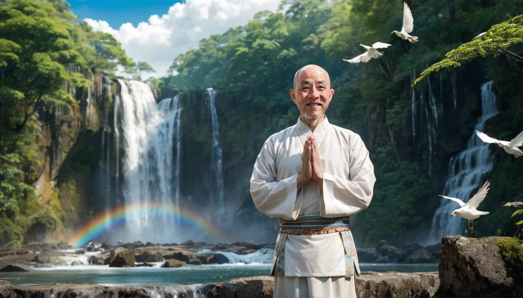 A middle-aged rather thin oriental man with a bald short beard puts his hands together，Showing goodbye，Eyes looking into the camera，Wearing a two-piece light-colored Chinese dress，Standing in the forest with waterfall，There are birds flying，There are white clouds in the blue sky，There is a rainbow above the waterfall，Beautiful and high-definition picture，The details are very clear，With depth of field