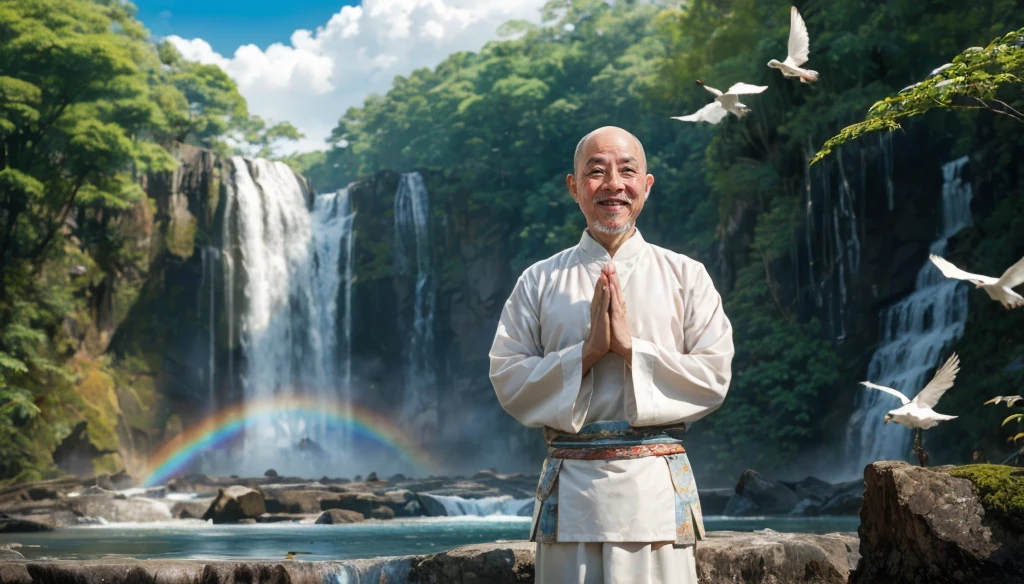 A middle-aged rather thin oriental man with a bald short beard puts his hands together，Showing goodbye，Eyes looking into the camera，Wearing a two-piece light-colored Chinese dress，Standing in the forest with waterfall，There are birds flying，There are white clouds in the blue sky，There is a rainbow above the waterfall，Beautiful and high-definition picture，The details are very clear，With depth of field