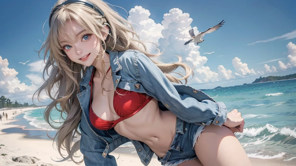 (8k) HD, Best quality, Works of masters, A high resolution, 1girll, yelan, (yelan of genshin impact)) Super beautiful face, super beautiful red eye, Super beautiful hair，1girl, standing, a beach, sea,The sky is clear and blue,a few scattered clouds, sunny day, seagull,  a red bikini top ,blue denim jacket shorts, long blonde hair hair, smiling,headphone, looking at camera,