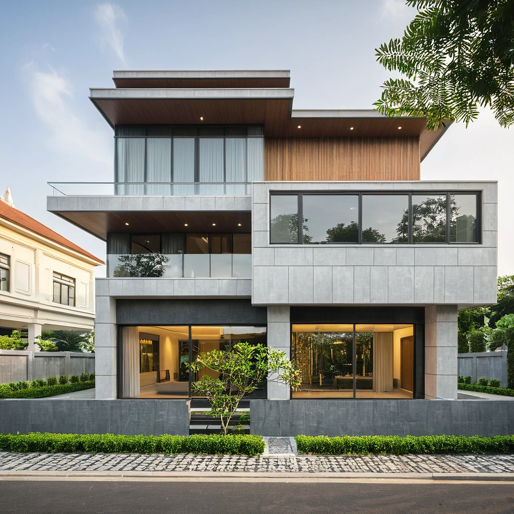 modern villa on street, (daylight), tropical tree, green shrub and plants, vivid color, streetcapes, minimalist design, brigth grey tone, (large glass door:1.2), warm interior lighting, modern material, best quality, ultra realistic, masterpiece,