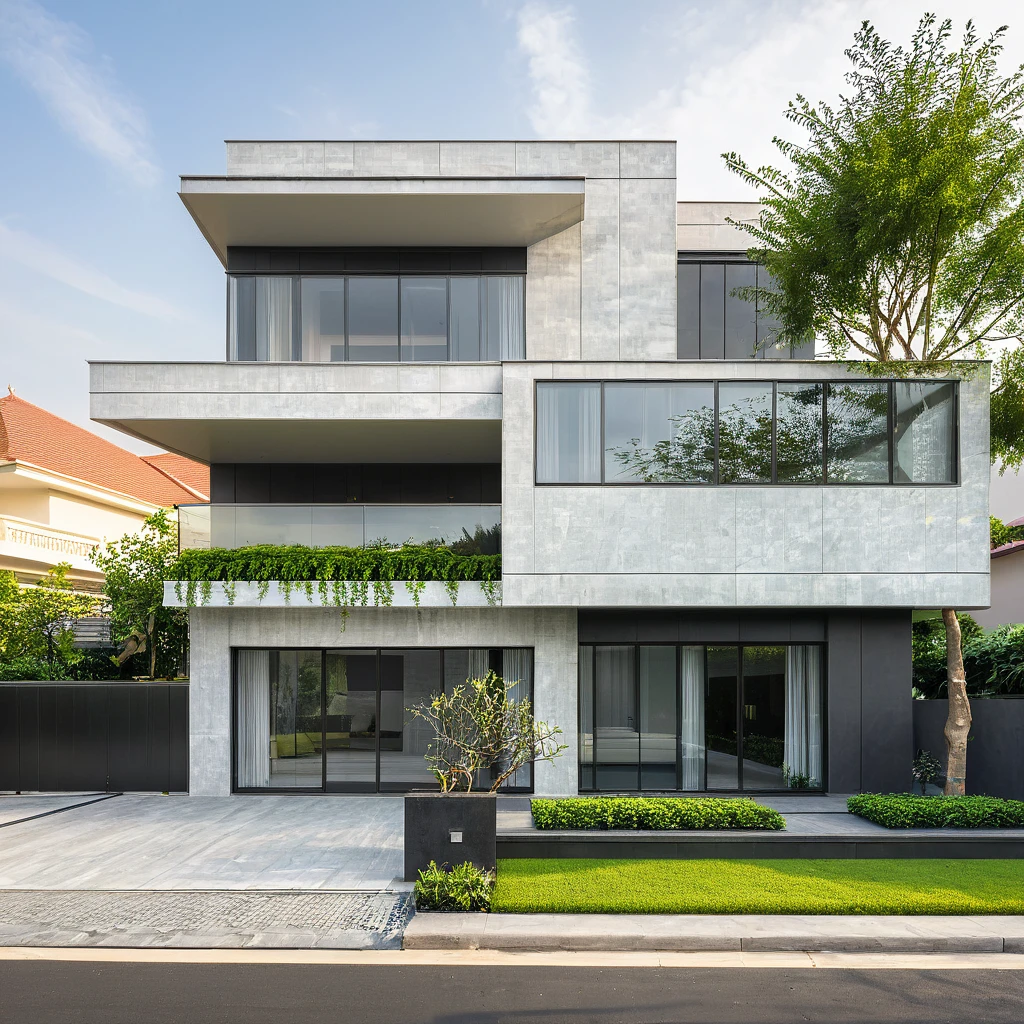 modern villa on street, (daylight), tropical tree, green shrub and plants, vivid color, streetcapes, minimalist design, brigth grey tone, (large glass door:1.2), warm interior lighting, modern material, best quality, ultra realistic, masterpiece,