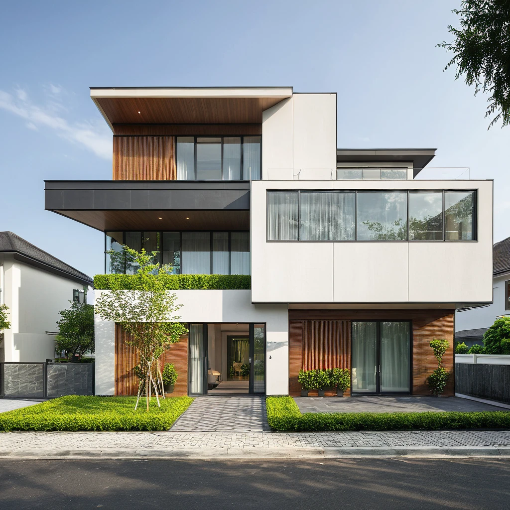 modern villa on street, (daylight), tropical tree, green shrub and plants, vivid color, streetcapes, minimalist design, brigth grey tone, (large glass door:1.2), warm interior lighting, modern material, best quality, ultra realistic, masterpiece,