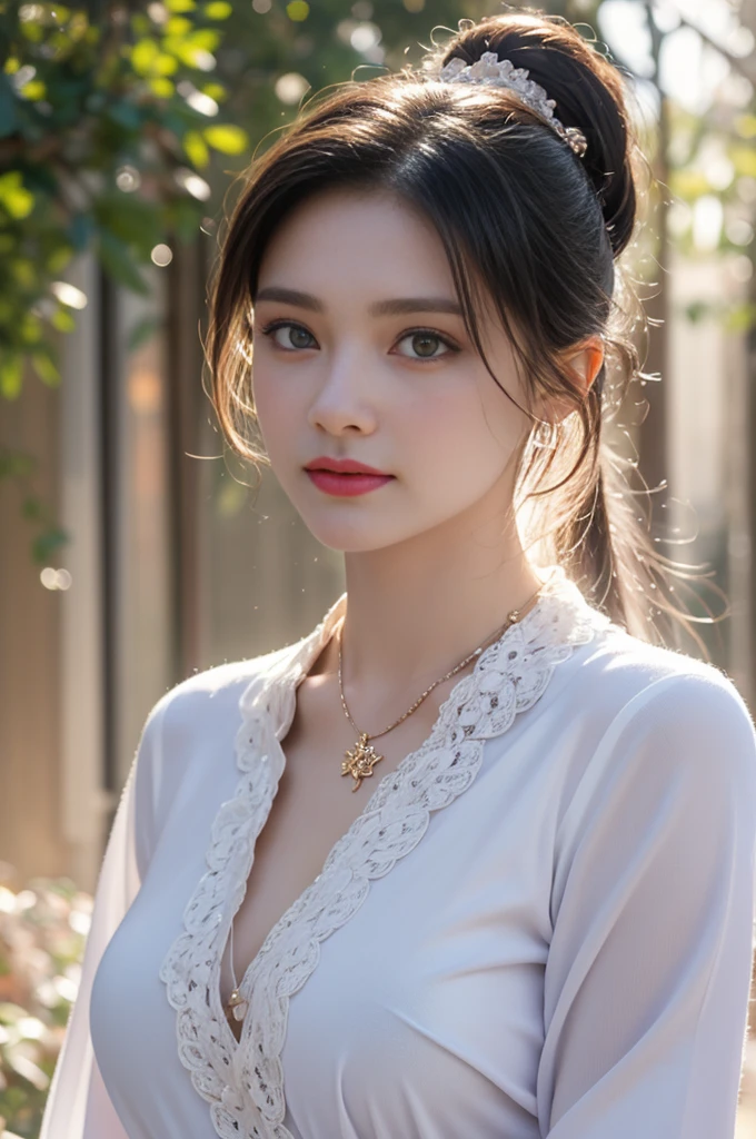 1 beautiful girl in Hanfu costume, ((white thin purple silk shirt with a lot of texture)), white lace top, long purple platinum ponytail Hair, Jewelry, ear jewelry, necklaces and necklaces, carefully drawn big purple eyes, makeup careful, thin eyebrows, high nose, beautiful red lips, no smile, pursed lips, rosy cheeks, wide breasts, big breasts, proportional breasts, slim waist, purple fishnet socks, chinese hanfu style, fictional art texture, colorful bright and realistic, RAW Photo, Realistic Photo, ultra high quality 8k surreal photo, (effective fantasy light effect: 1.8), 10x pixels, magical effect (Background): 1.8), ultradetailed eyes, full body portrait of girl , Chinese royal garden background, dynamic pose