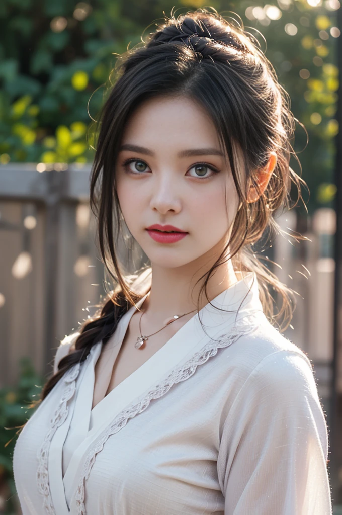 1 beautiful girl in Hanfu costume, ((white thin purple silk shirt with a lot of texture)), white lace top, long purple platinum ponytail Hair, Jewelry, ear jewelry, necklaces and necklaces, carefully drawn big purple eyes, makeup careful, thin eyebrows, high nose, beautiful red lips, no smile, pursed lips, rosy cheeks, wide breasts, big breasts, proportional breasts, slim waist, purple fishnet socks, chinese hanfu style, fictional art texture, colorful bright and realistic, RAW Photo, Realistic Photo, ultra high quality 8k surreal photo, (effective fantasy light effect: 1.8), 10x pixels, magical effect (Background): 1.8), ultradetailed eyes, full body portrait of girl , Chinese royal garden background, dynamic pose
