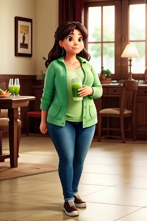 Holding a glass of green detox juice, an overweight woman takes the first step in her new routine. She drinks slowly, savoring the fresh taste of fruits and vegetables. Despite the initial challenges, she feels a spark of hope growing inside her, determined to continue