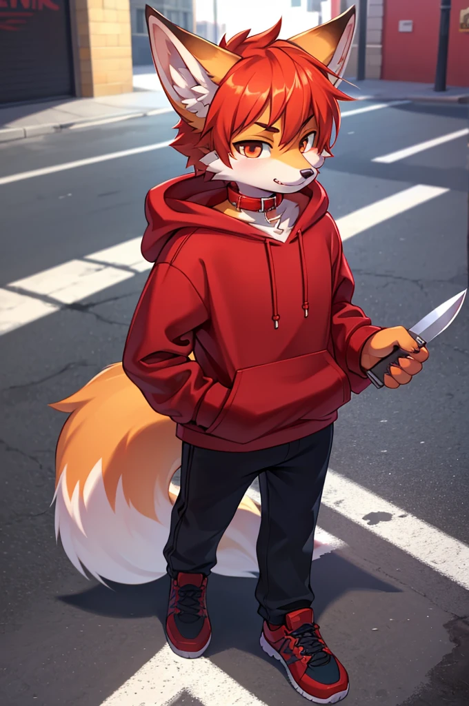 fox boy,Red collar,4K resolution,Boy in hoodie with knife in hand,cool,Red hoodie Street fashion sense！cool！cool！cool！