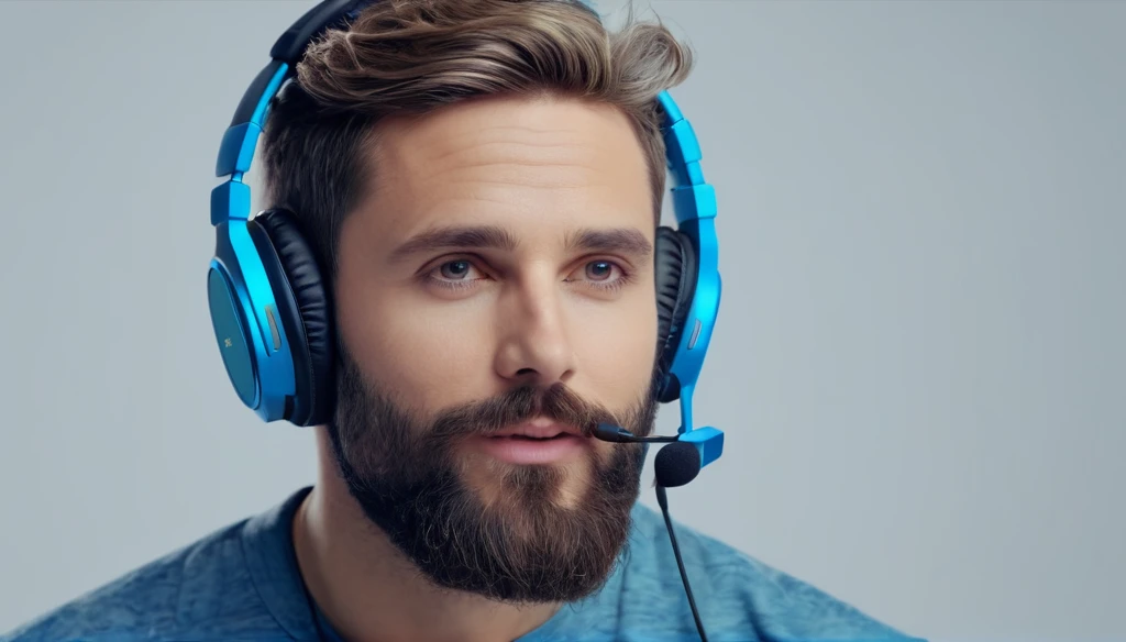 create the image of a man with a short beard, with a headset demonstrating the style ((melody)), hyperrealisti, 8k, swirly vibrant colors, clear and sharp image, coloured background, medium hair.