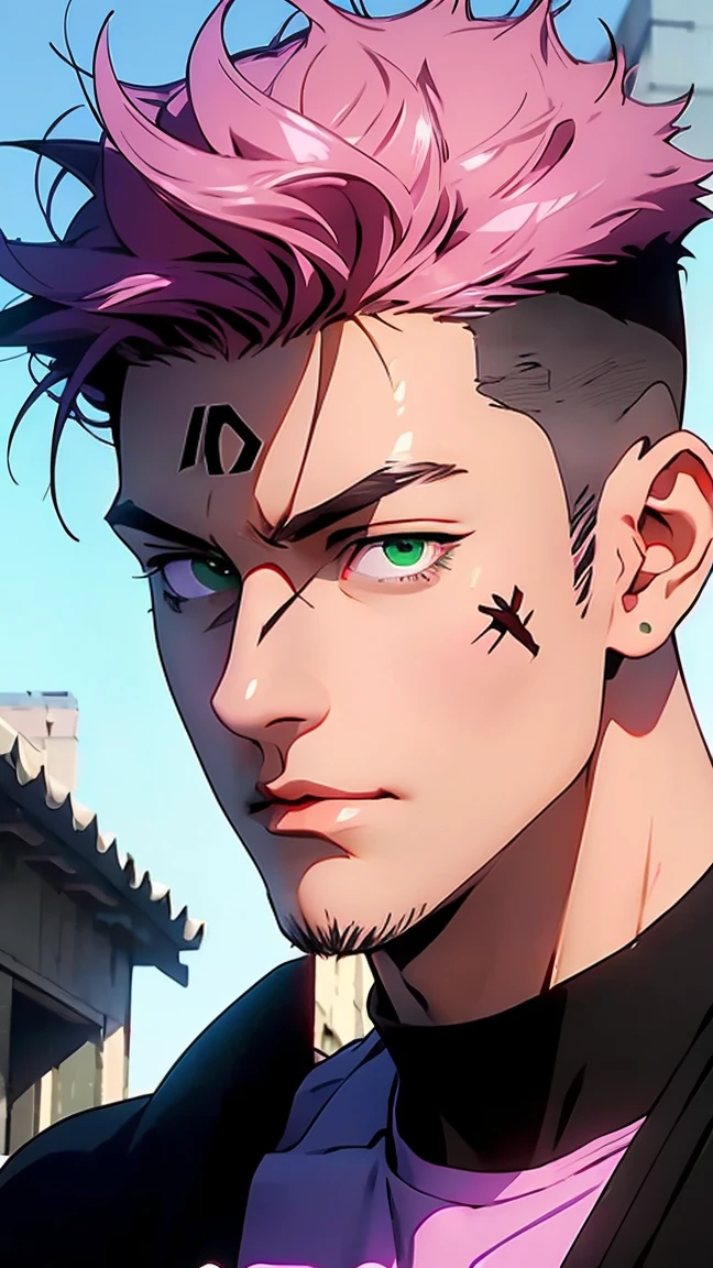 highest quality, 8K, high resolution image, anime style Jujutsu Kaisen, (Ryomen Sukuna), detailed strokes, blurred, purple light reflecting from it, (close angle), 1 man, young, male, model, hand in pocket, cool guy, multicolored Background with various geometric shapes, around stickers, muscular, dark pink hair, spiky hair , short Hair, (short hair, 1 man, standing, dark pink hair, hairstyle: side cut), swollen chest, green Eyes, withe shirt, black sweater, sweatpants, Background: big City, Streets, Park, People, blue sky, Cars, Bike