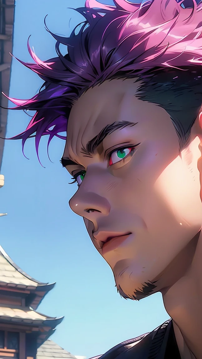 highest quality, 8K, high resolution image, anime style Jujutsu Kaisen, (Ryomen Sukuna), detailed strokes, blurred, purple light reflecting from it, (close angle), 1 man, young, male, model, hand in pocket, cool guy, multicolored Background with various geometric shapes, around stickers, muscular, dark pink hair, spiky hair , short Hair, (short hair, 1 man, standing, dark pink hair, hairstyle: side cut), swollen chest, green Eyes, withe shirt, black sweater, sweatpants, Background: big City, Streets, Park, People, blue sky, Cars, Bike