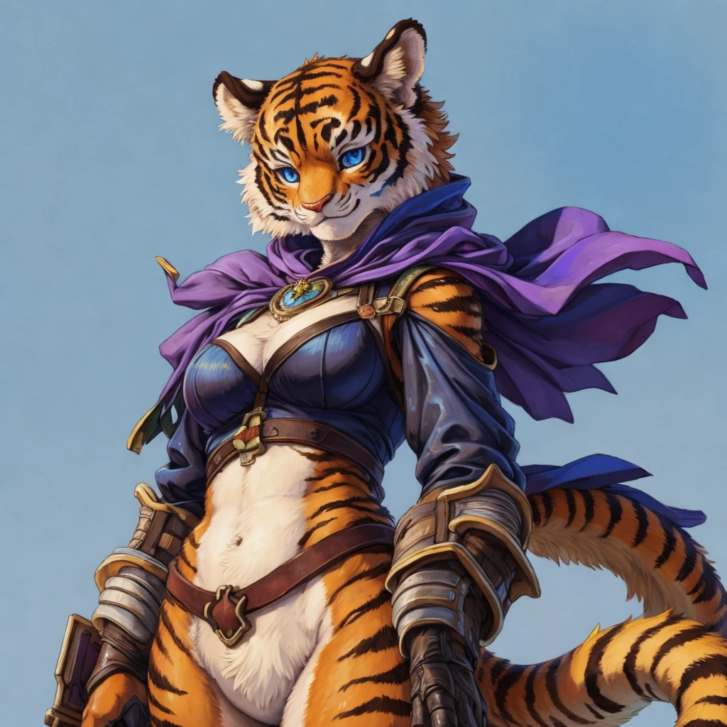 (masterpiece), (best quality),Woman ((anthro)) , (tiger girl),1girl,solo,(sharp focus),((look at viewer)),adult female, (rogue outfit), perfect eyes,eyeshadow, dr comet,pochincoff,Pixelsketcher, (mayosplash), (wamudrawasterpiece),cutesexyrobutts, hioshiru,kingbang,shiny skin, (detailed fur:1.3),old school fantasy art,((simple background:1.0)),