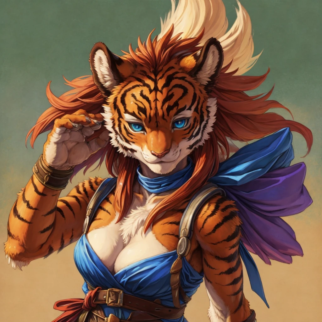 (masterpiece), (best quality),Woman ((anthro)) , (tiger girl),1girl,solo,(sharp focus),((look at viewer)),adult female, (rogue outfit), perfect eyes,eyeshadow, dr comet,pochincoff,Pixelsketcher, (mayosplash), (wamudrawasterpiece),cutesexyrobutts, hioshiru,kingbang,shiny skin, (detailed fur:1.3),old school fantasy art,((simple background:1.0)),