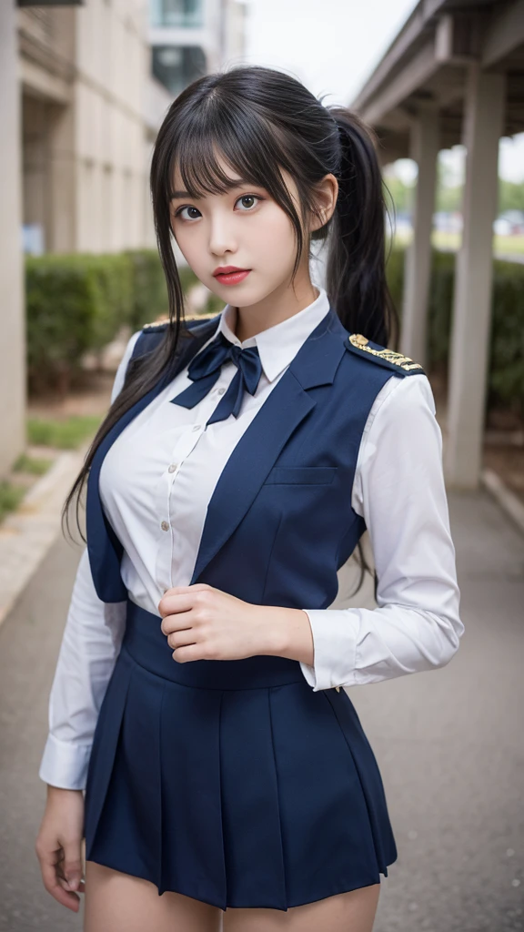 One girl, alone, Laura S.. Alseid (Long dark blue hair, Ponytail and side bangs, Large Breasts), (Inspired by the cold steel trail) Exposing panties in uniform, At military school, Embarrassing