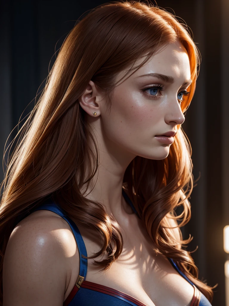 side view ,masterpiece,SOPHIE TURNER, a woman, supergirl, cleavage, high detailed skin texture, 8k, Bright lighting, face lighting, (extremely detailed CG unity 8k wallpaper), trending on ArtStation, trending on CGSociety, High Detail, Sharp focus, dramatic, beautiful background, full shoot, high quality, (beautiful face), (detailed face), beautiful hands