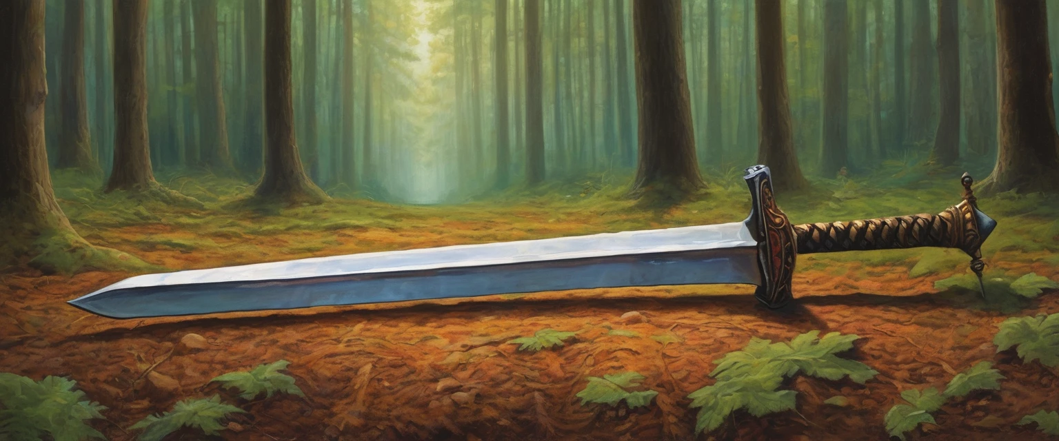 painting of a sword, (((simple))), rusty, symmetrical, (((straight ))), one-handed, lying on the forest floor, the tip of the sword is pointing to the left, looked at from above