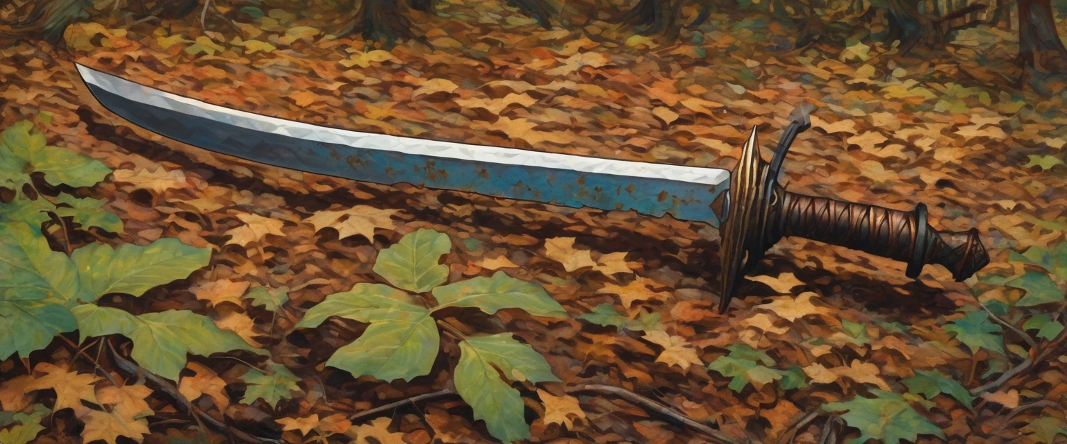 painting of a sword, (((simple))), rusty, symmetrical, (((straight ))), one-handed, lying on the forest floor, the tip of the sword is pointing to the left, looked at from above