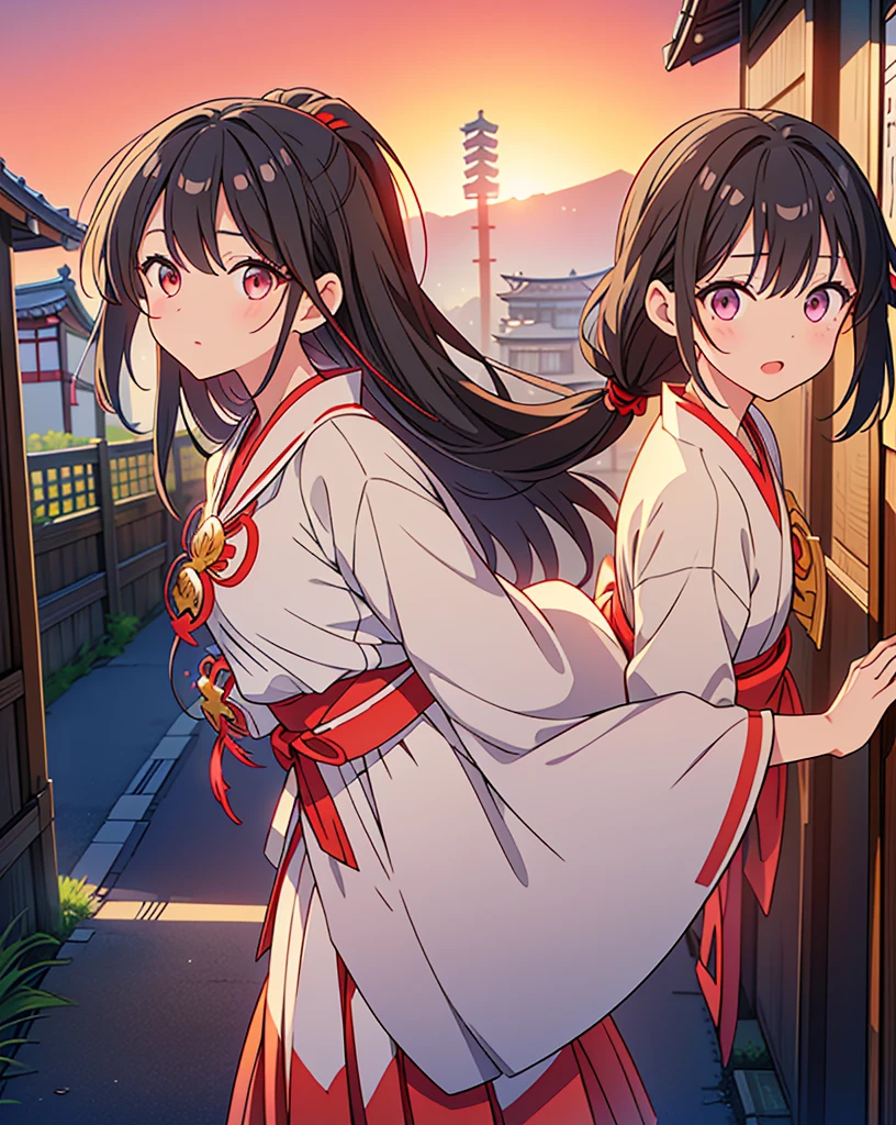 (Highest quality, 32k, High resolution, Masterpiece:1.5, ), god々It has a brilliant shine and the power to exorcise demons., One Girl, Inner Strength, Expressing emotions, Have a rich imagination, Beautiful Japanese Girls, Perfect Human Anatomy, Magical big eyes, Motherhood and generosity, Deep Love, Fleeting Expression, Shiny black hair, Ponytail swaying in the wind, Asymmetrical bangs, Hair between the eyes, Transparent, soft white skin, Sharp eyebrows, Thin lashes, Natural Makeup, Cheek highlighter, Detailed and cute lips, ((Traditional streets of Japan:1.2)), ((Miko costume:1.4)), ((Red sunset sky:1.1)), Slim figure with ample breasts, Beautifully detailed skies, god秘的