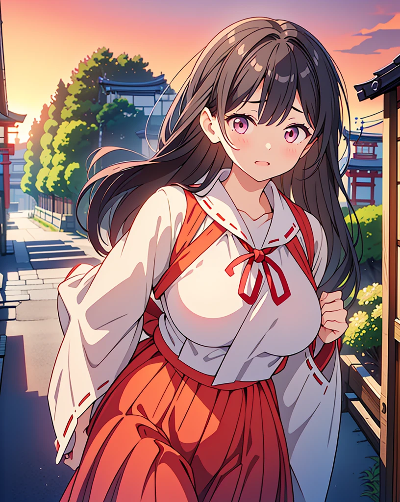 (Highest quality, 32k, High resolution, Masterpiece:1.5, ), god々It has a brilliant shine and the power to exorcise demons., One Girl, Inner Strength, Expressing emotions, Have a rich imagination, Beautiful Japanese Girls, Perfect Human Anatomy, Magical big eyes, Motherhood and generosity, Deep Love, Fleeting Expression, Shiny black hair, Ponytail swaying in the wind, Asymmetrical bangs, Hair between the eyes, Transparent, soft white skin, Sharp eyebrows, Thin lashes, Natural Makeup, Cheek highlighter, Detailed and cute lips, ((Traditional streets of Japan:1.2)), ((Miko costume:1.4)), ((Red sunset sky:1.1)), Slim figure with ample breasts, Beautifully detailed skies, god秘的