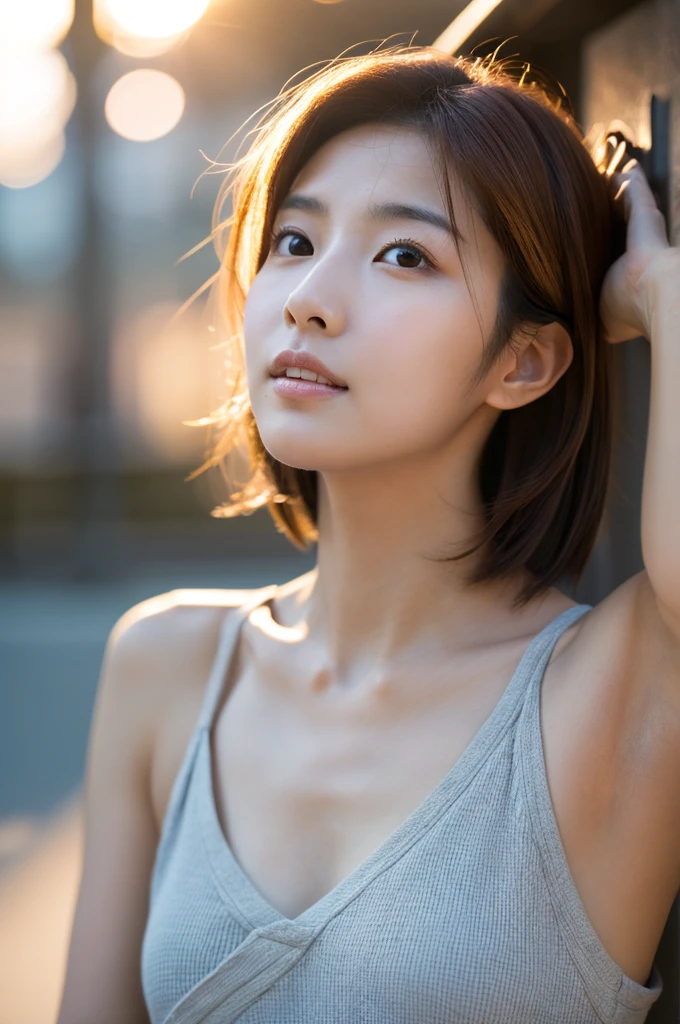 Good move,4K, High resolution, masterpiece, Highest quality, head:1.3, (Japanese Idols), Detailed skin, Sharp focus, (Cinema Lighting), clavicle, morning, Soft lighting, Medium Hair, Dynamic Angle, [:(Detailed face:1.2):0.3], Armpit wrinkles, Thigh Gap, Casual clothing, thin, Outdoor