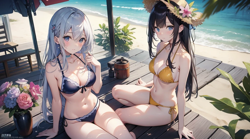 Highest quality、detailed、masterpiece、8K、(5 pretty girls)、slender、Wet Skin、Colorful Bikinis、Sitting in Shirahama、sun、looking at the camera