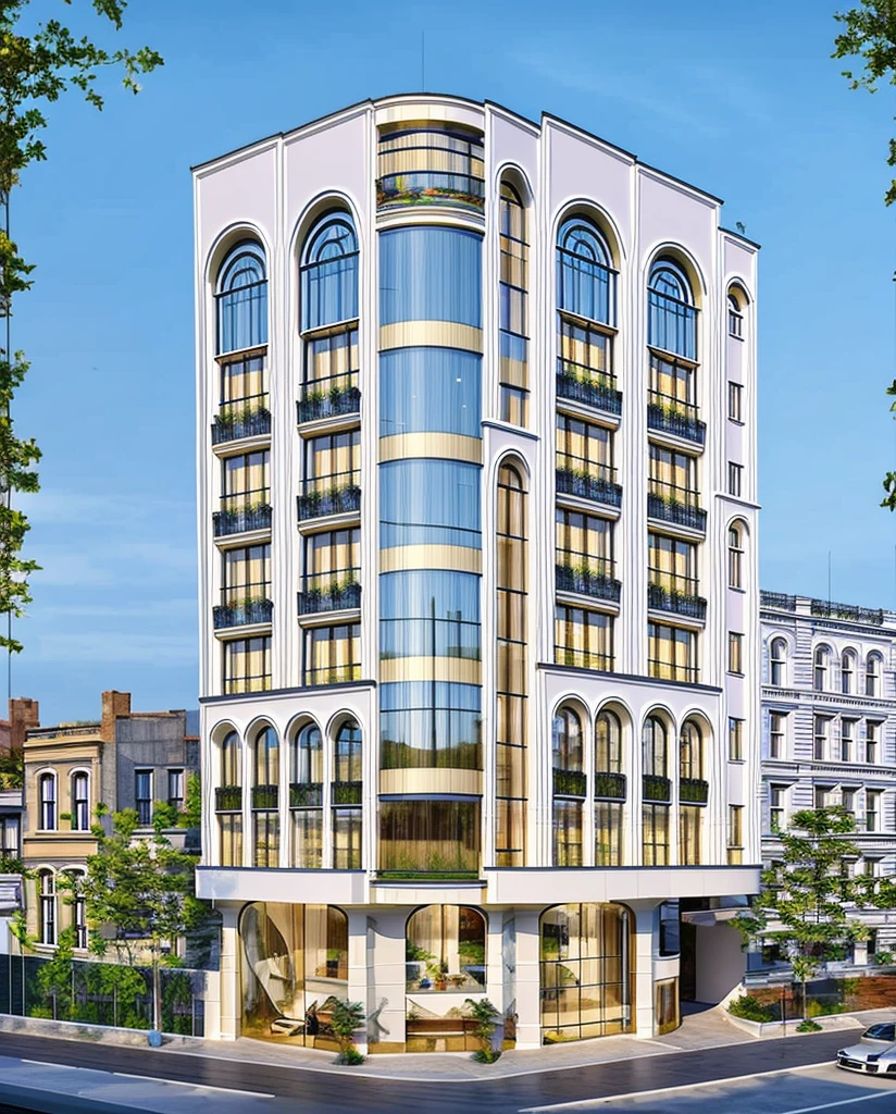 (masterpiece, best quality:1.2) 1white neoclassic building, (curved window), plants on company, building, exterior, architecture design, building in street