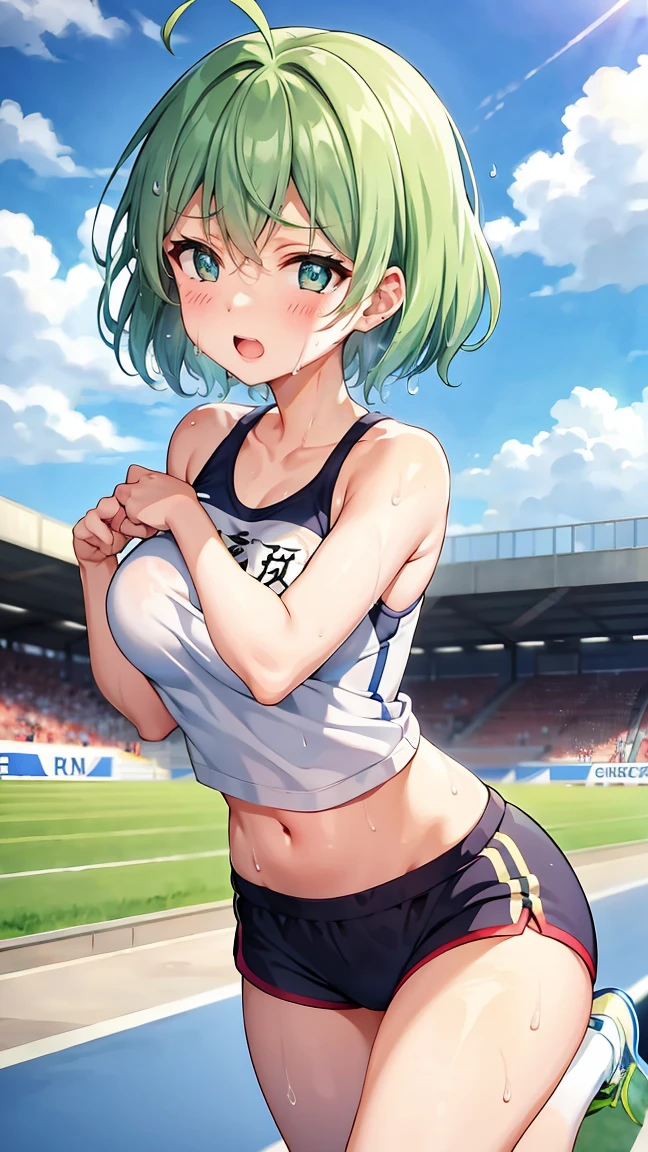Girl with short green hair, Small size breasts,、Green Eyes, 、,The whole body from head to toe、Track and field athlete、、、Uplifting、Leaning forward、、walk short distance、running、A toned and toned body、Desperate、(((Sweat)))、Uplifting、A moving picture、Expressing high speed、Shorts、Run at full speed、Stretch your legs forward and kick the ground、