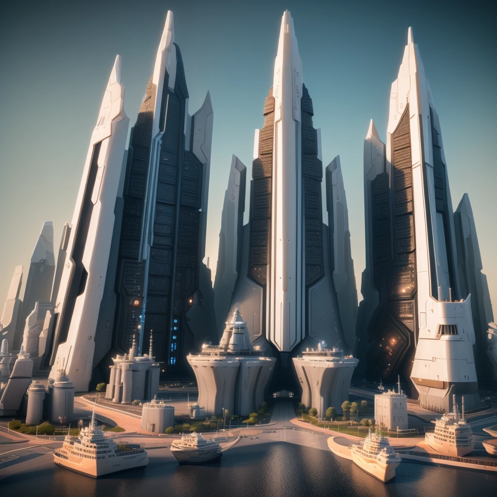 (high quality,Masterpiece,Extremely detailed,3d,8k:1.2) ,Future City,Surreal,Several warships in the air