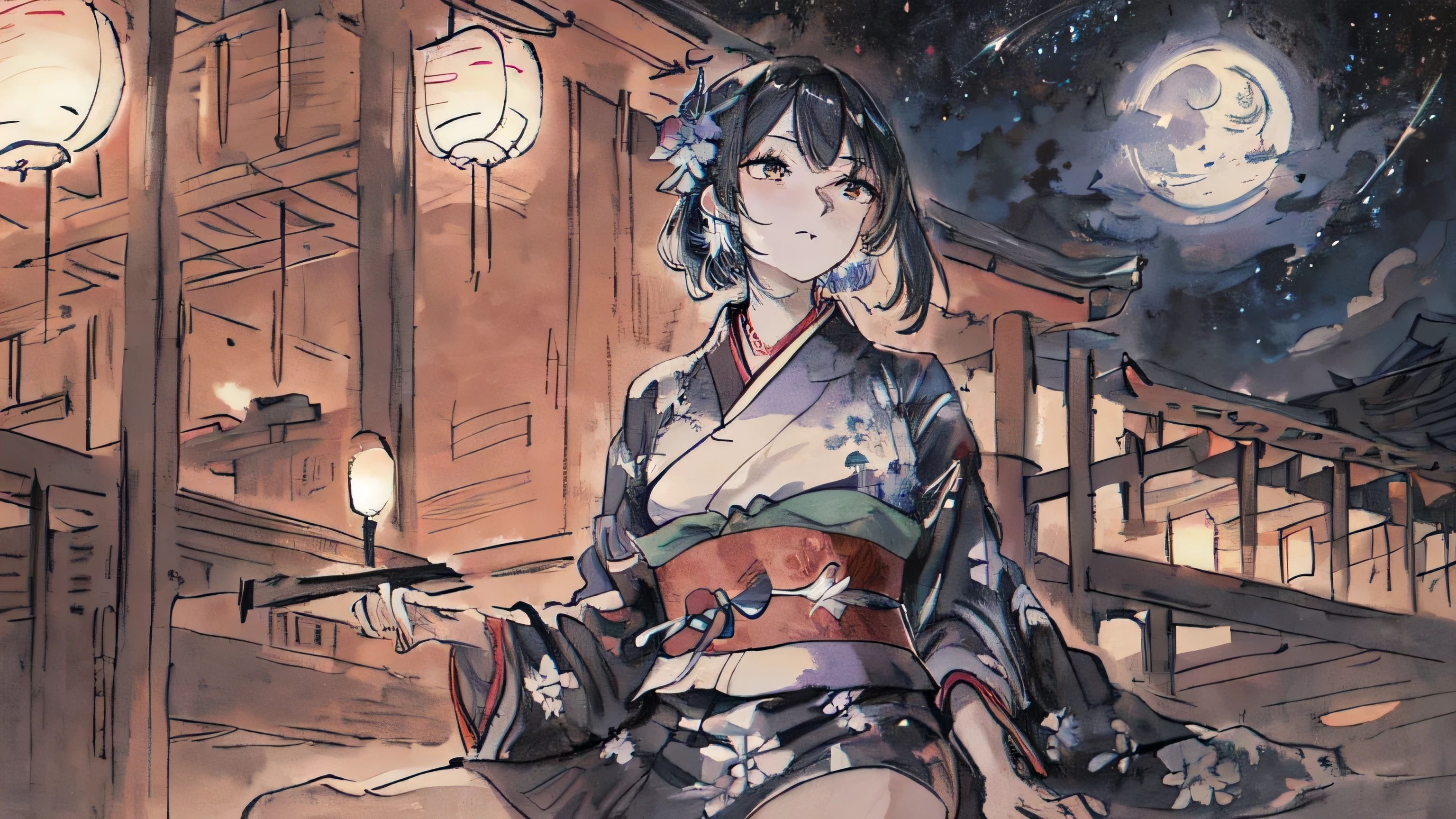 Ink painting:1.4,masterpiece,highest quality,((Super Detailed Woman1name)),Super detailed face,yukata,Sitting,Night Sky,moon,Fantasy,calm,nebula,((Close-up))