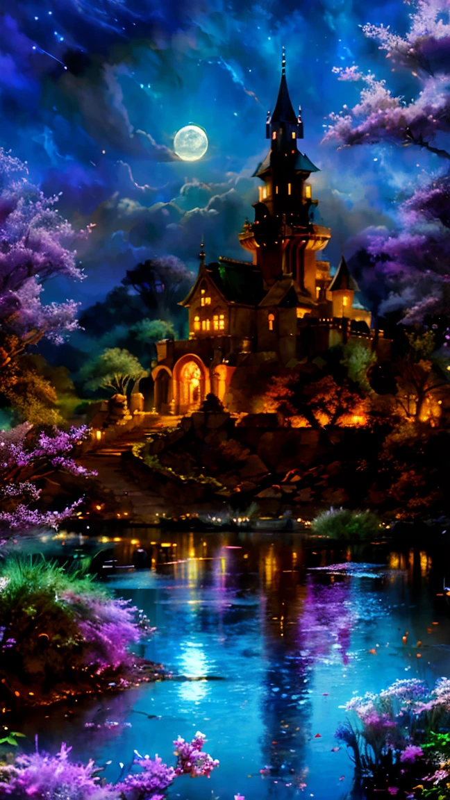 Mysterious Castle、霧のWind景、Majestic Tower、Intricate stone carvingysterious glow、Bright colors、Enchanting atmosphere、Wind、Hidden Secrets、Twinkling moonlight、Whimsical Creatures。(Highest quality、High resolution、Very detailed)、ancient architecture、Western architecture, Magical atmosphere、Dreamy atmosphere、Fantasy Setting、Surreal elements、Fairytale atmosphere、Surrealistic lighting、Painterly style。