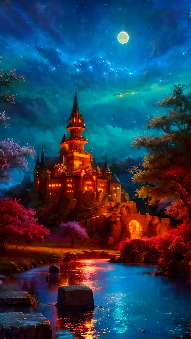 Mysterious Castle、霧のWind景、Majestic Tower、Intricate stone carvingysterious glow、Bright colors、Enchanting atmosphere、Wind、Hidden Secrets、Twinkling moonlight、Whimsical Creatures。(Highest quality、High resolution、Very detailed)、ancient architecture、Western architecture, Magical atmosphere、Dreamy atmosphere、Fantasy Setting、Surreal elements、Fairytale atmosphere、Surrealistic lighting、Painterly style。