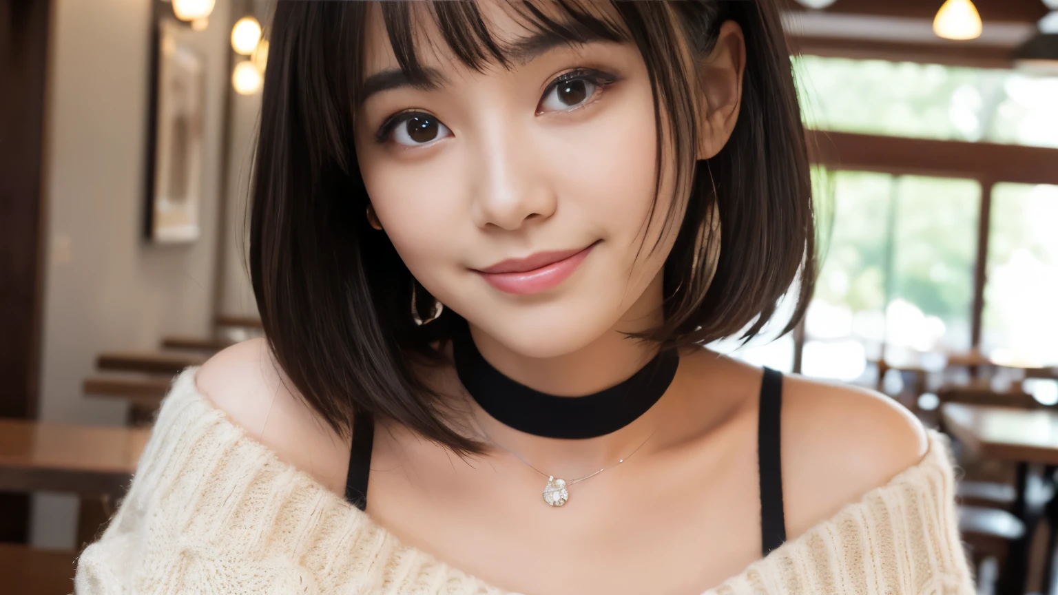 Highest quality, masterpiece, Ultra-high resolution, Realistic, 1 girl, Off the shoulder, knit, smile, smile, Slightly visible, Extra Large_sweater, Soft lighting, Detailed skin, bangs, Black Hair, Clear Eyes, Short Bob Hair, Transparency, Inside the cafe, Japanese, Beautiful woman, Upward glance, Lip gloss, Black Thick Choker, tears, Mole on chest, Eye highlights, Inside the cafeでの撮影