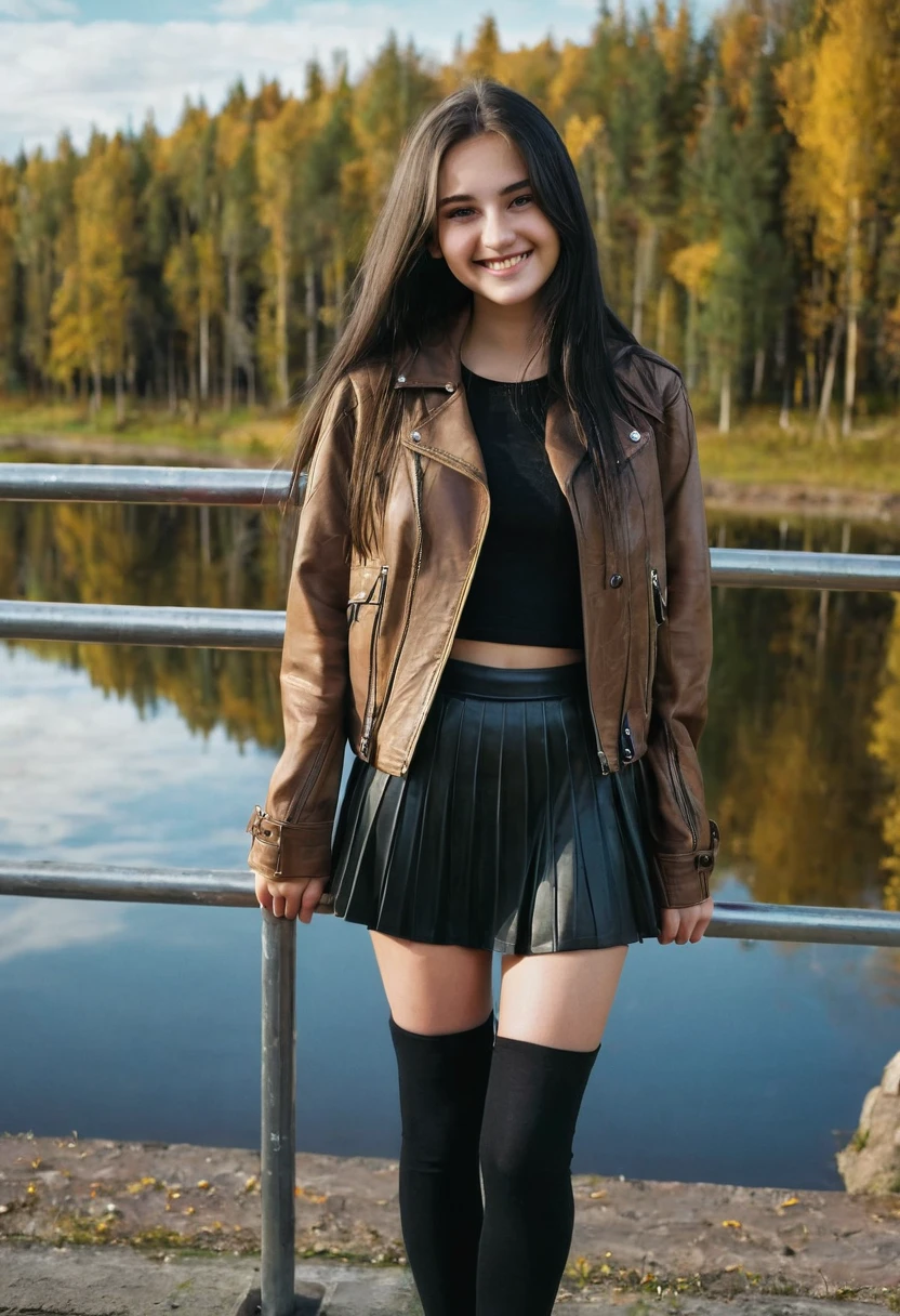 create beautiful 19 year old russian girl with long black hair wearing a long light brown leather jacket and inside of the jacket she is wearing a really dark brown shirt and the girl also has small black skirt above the knees and showing the laps she he standing infront of a railing behind and below which is a small beautiful circular lake which is also gruaded by a rail which has a road behind it
The girl is smiling and is really happy and is showing a peace sign to the camera. Full body should be shown