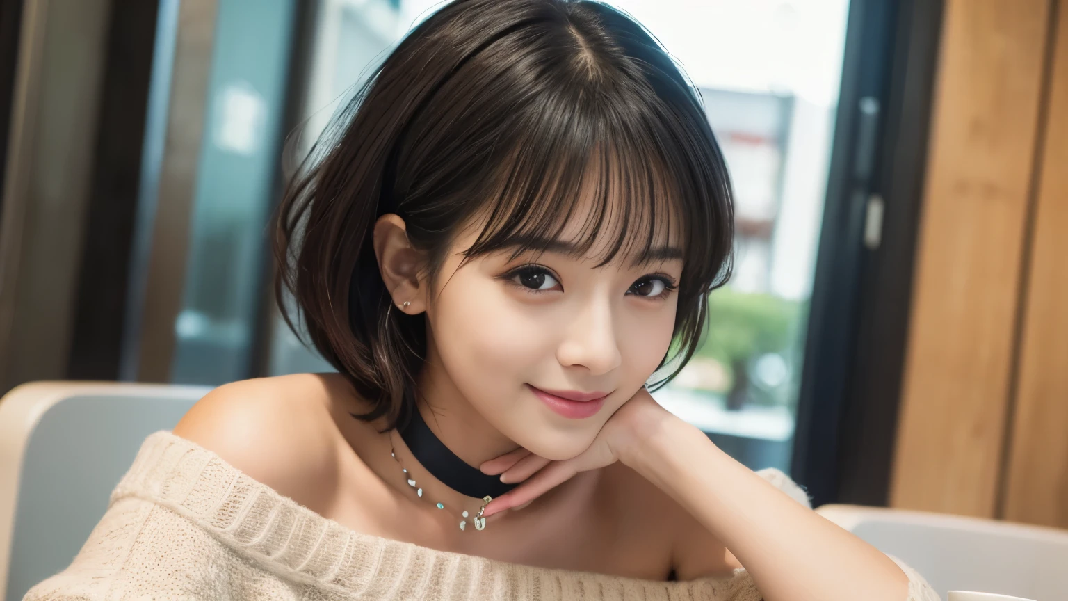 Highest quality, masterpiece, Ultra-high resolution, Realistic, 1 girl, Off the shoulder, knit, smile, smile, Slightly visible, Extra Large_sweater, Soft lighting, Detailed skin, bangs, Black Hair, Clear Eyes, Short Bob Hair, Transparency, Inside the cafe, Japanese, Beautiful woman, Upward glance, Lip gloss, Black Thick Choker, tears, Mole on chest, Eye highlights, Inside the cafeでの撮影