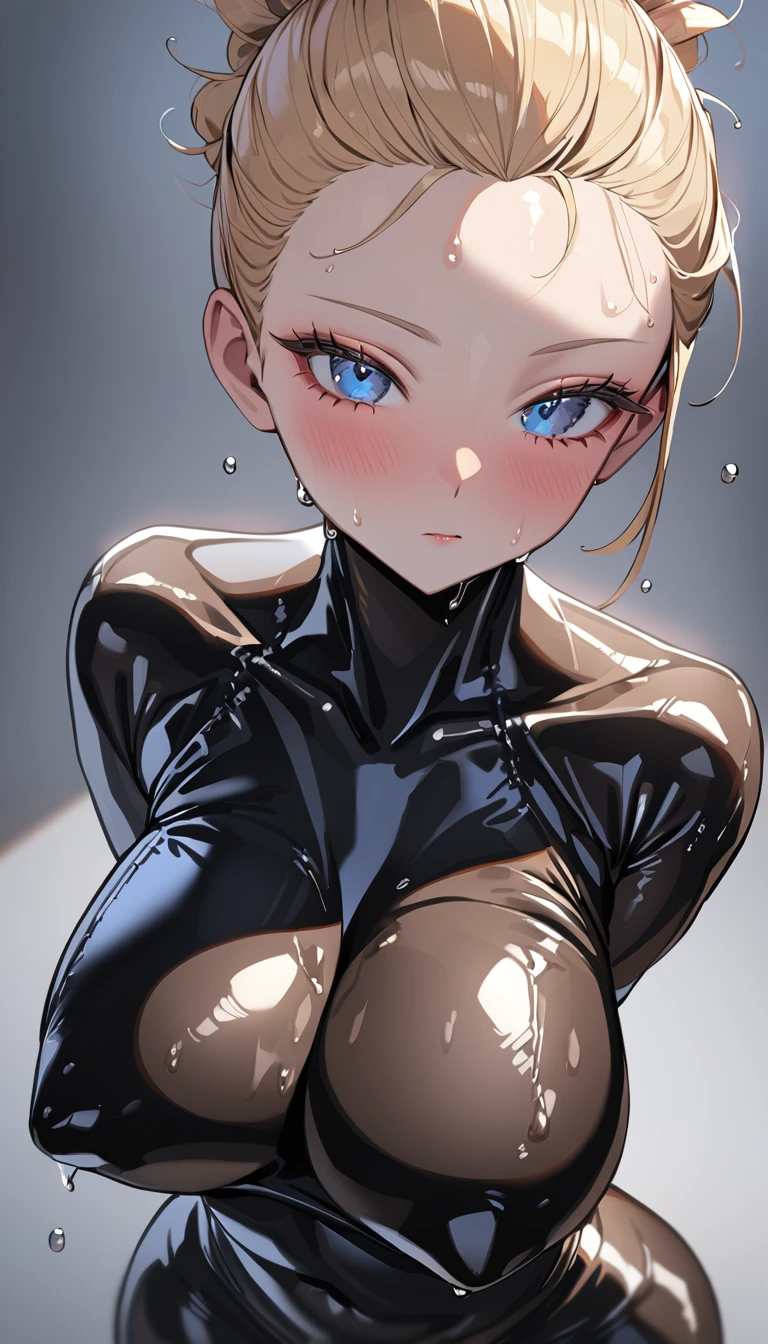 1girl,solo,super detailed skin,shiny skin,wet oily skin,expressionless,eyelashes,blue eyes,blonde hair,bangs pinned back,asymmetrical bangs,side braid ,large breasts,ninja costume,rubber bodysuit,arms behind back,simple background,masterpiece,best quality,ultra detailed,high resolution,sharp focus,depth of field